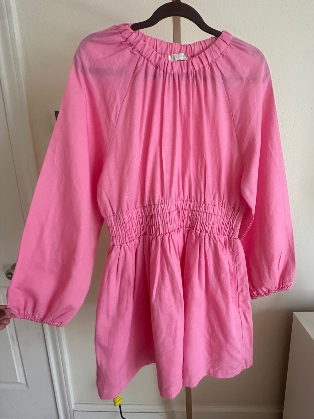Vita Grace Pink Linen Blend Smocked Mini Dress Pockets Size L